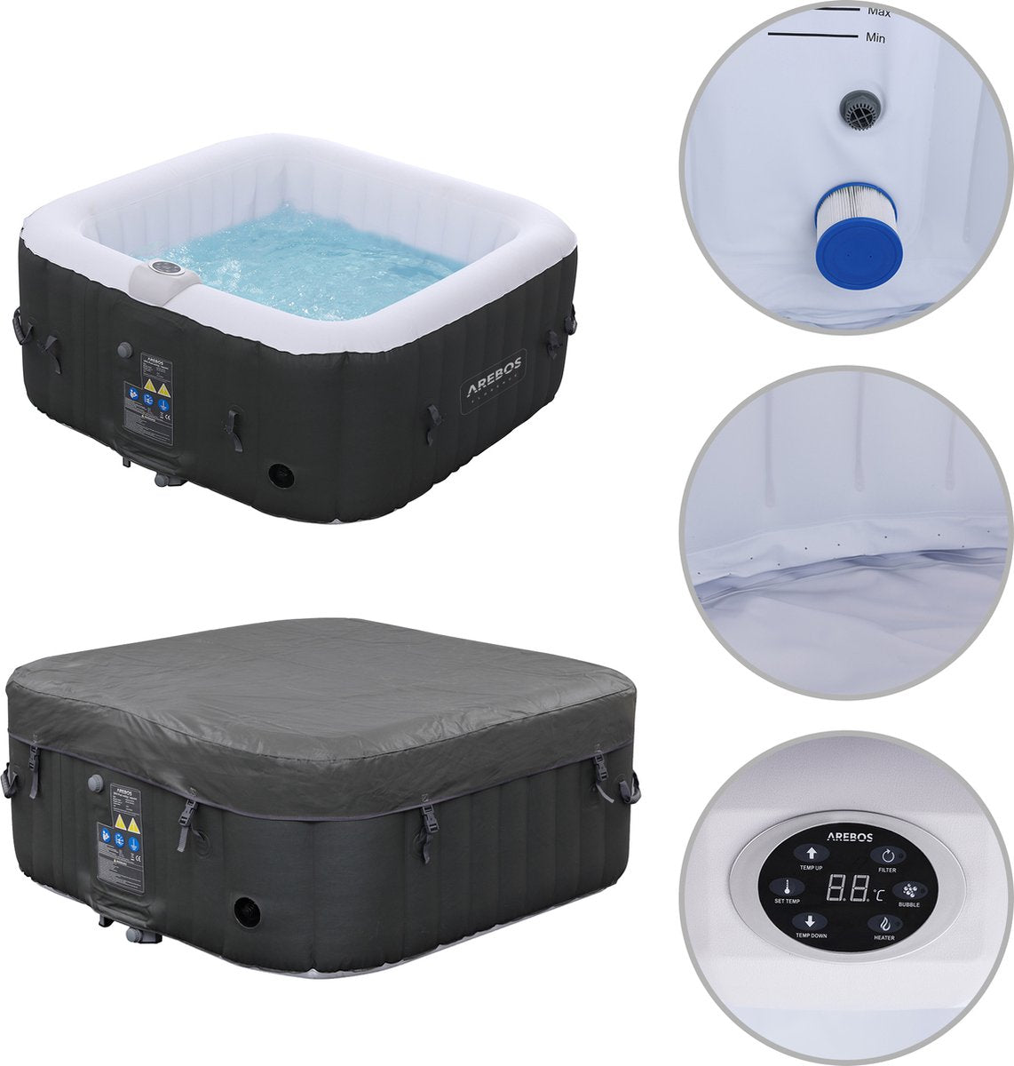 Arebos Opblaasbare Hottub | Binnen- en buitenspabad 2400W | 4 personen | 154x154cm | 100 massagestralen | Met verwarming | 600 liter | Inclusief afdekking | Bubble Spa & Wellness Massage | Antraciet