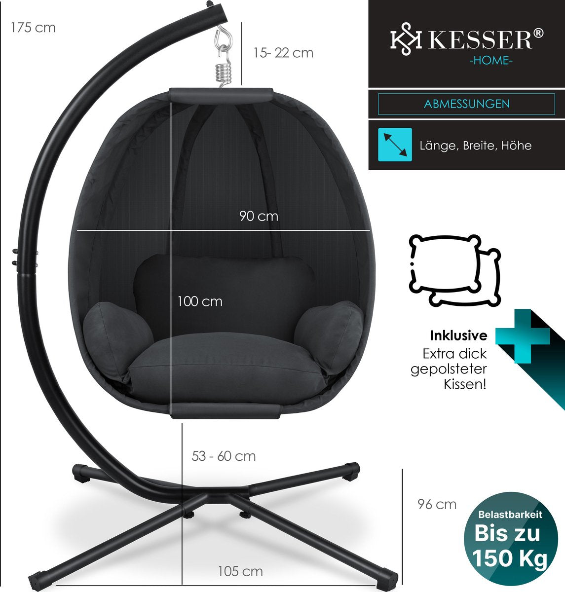 KESSER® Egg Hangstoel met Standaard - Tot 150kg - Antraciet