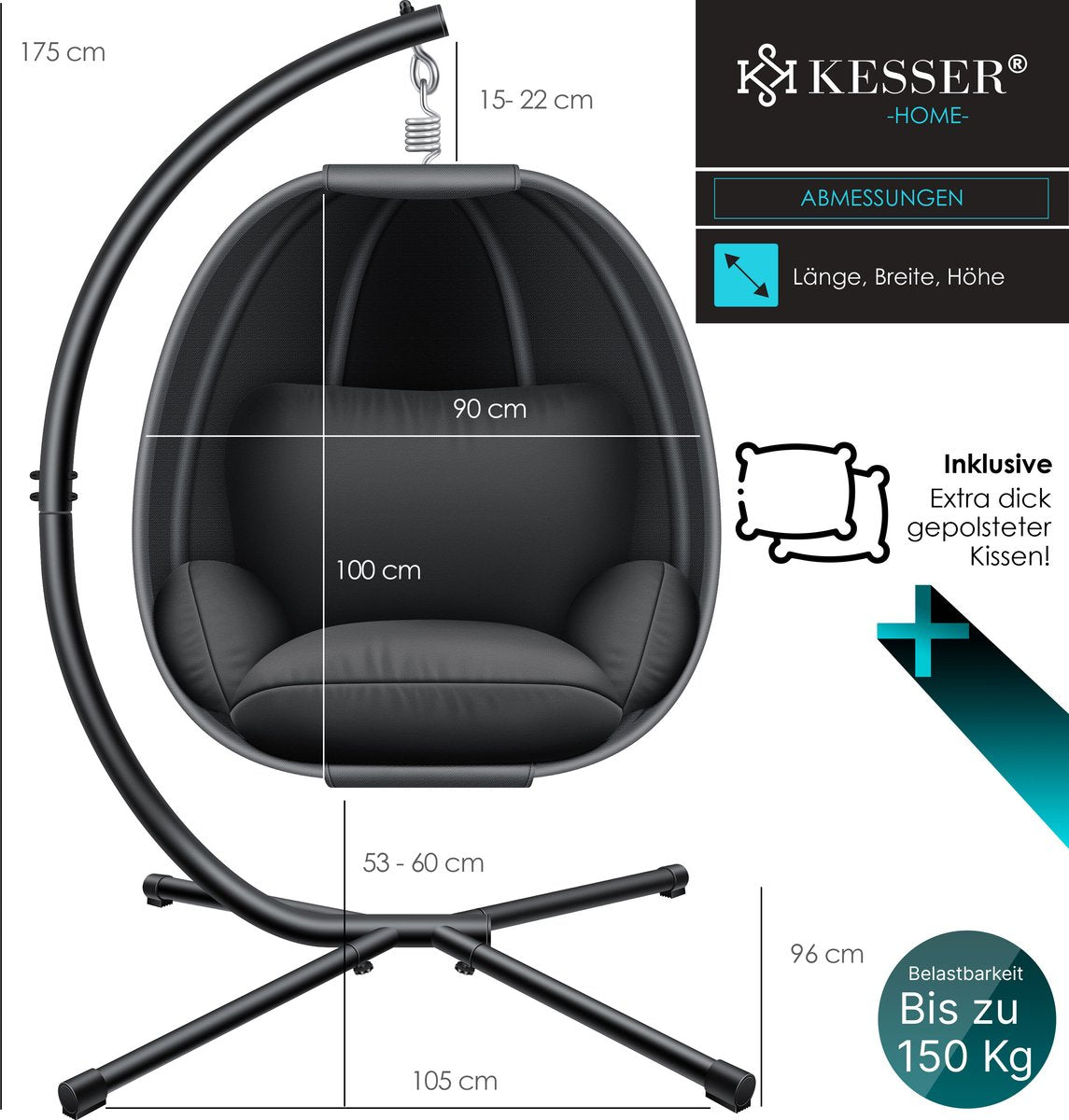 KESSER® Egg Hangstoel met Standaard - Tot 150kg - Antraciet