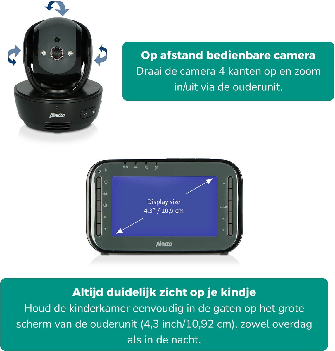 Alecto DVM200MBK - Babyfoon met Camera - Temperatuurweergave - Op afstand Beweegbaar - Zwart