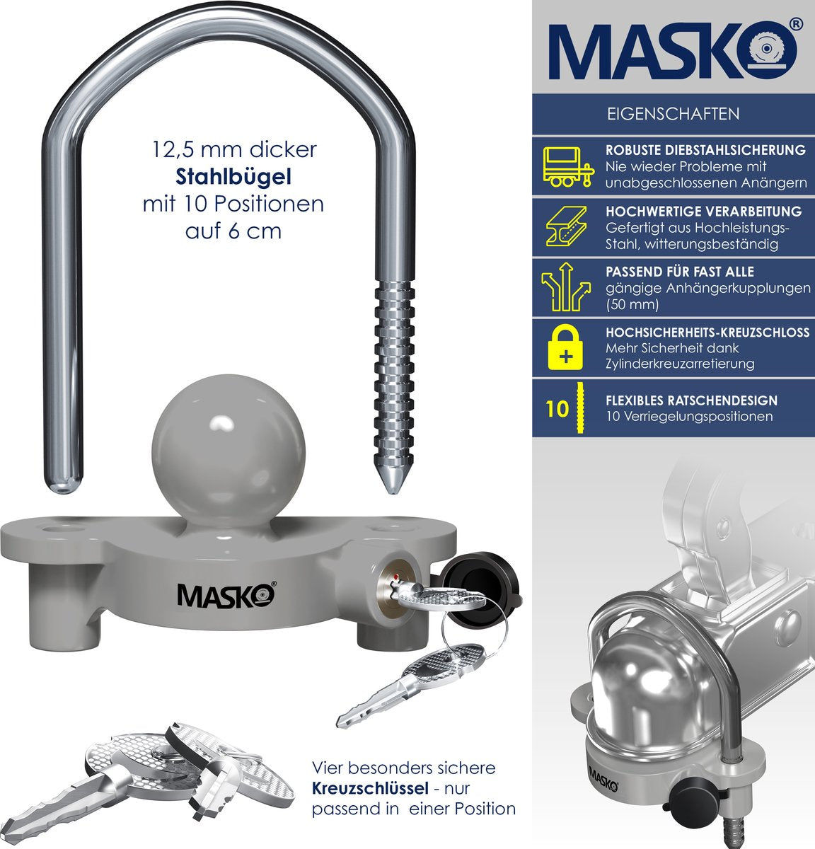 MASKO® Disselslot - Koppelingsslot - Aanhangwagenslot - Grijs