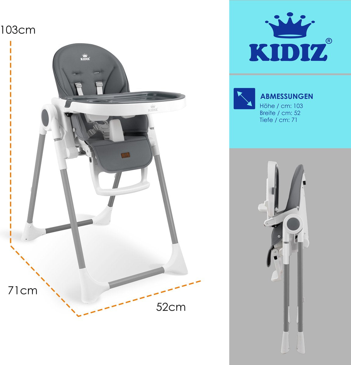 KIDIZ® 3in1 kinderstoel - Babystoel - Verstelbaar - Donkergrijs