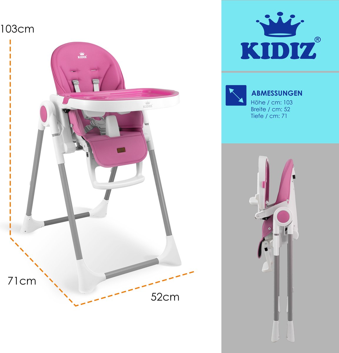 KIDIZ® 3in1 kinderstoel incl. speelbar, Eetstoel, Babystoel, combinatie kinderstoel, 7 in hoogte verstelbare rugleuning, meegroei van 0 maanden tot 6 jaar - Roze