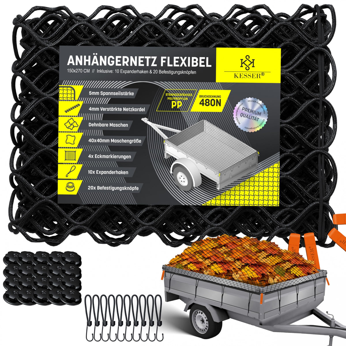 KESSER® Aanhangernet met spankabel - 1,5x2,7m - Zwart