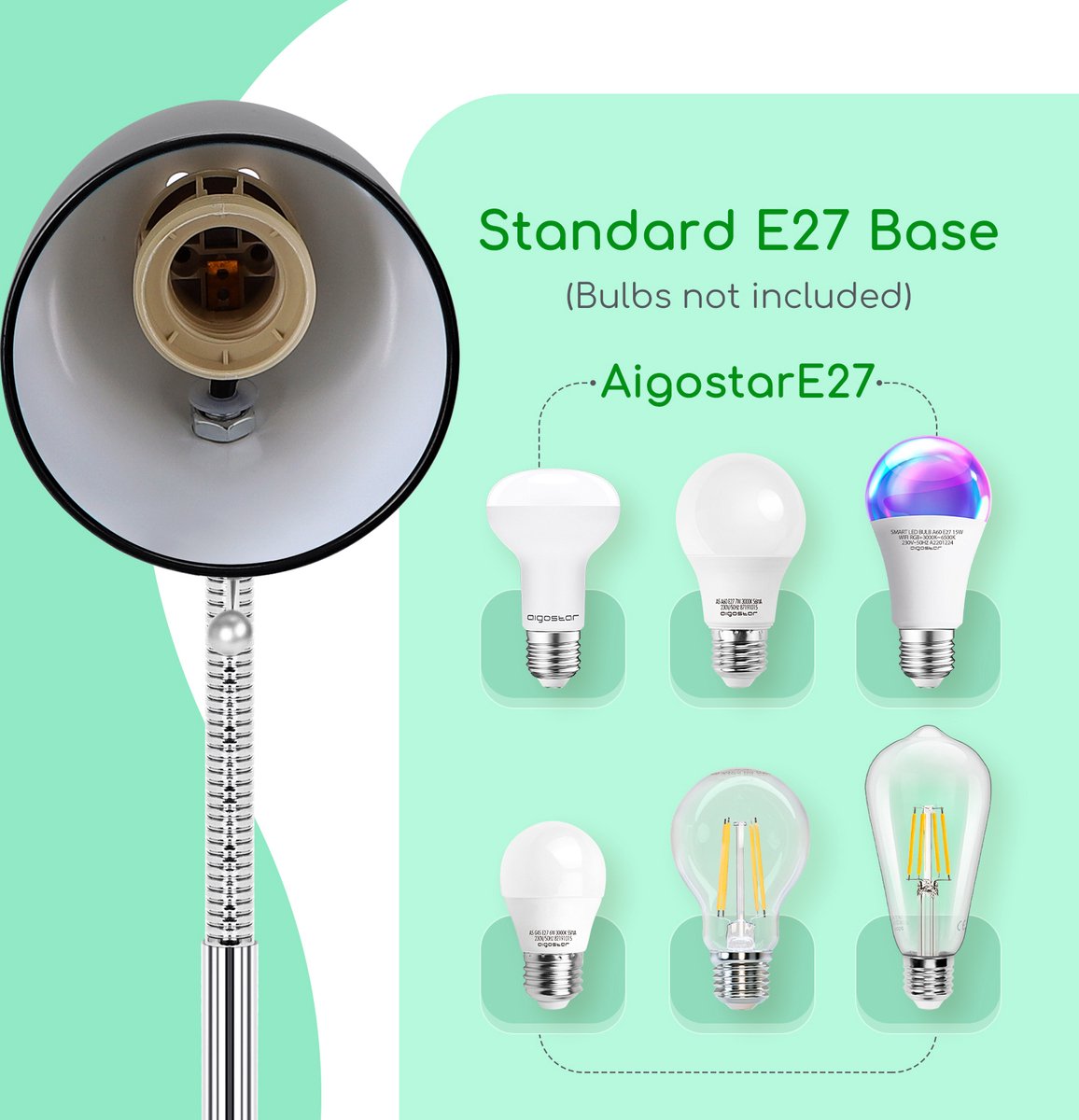 Aigostar LED klemlamp - E27 - Zwart - Excl. lampje