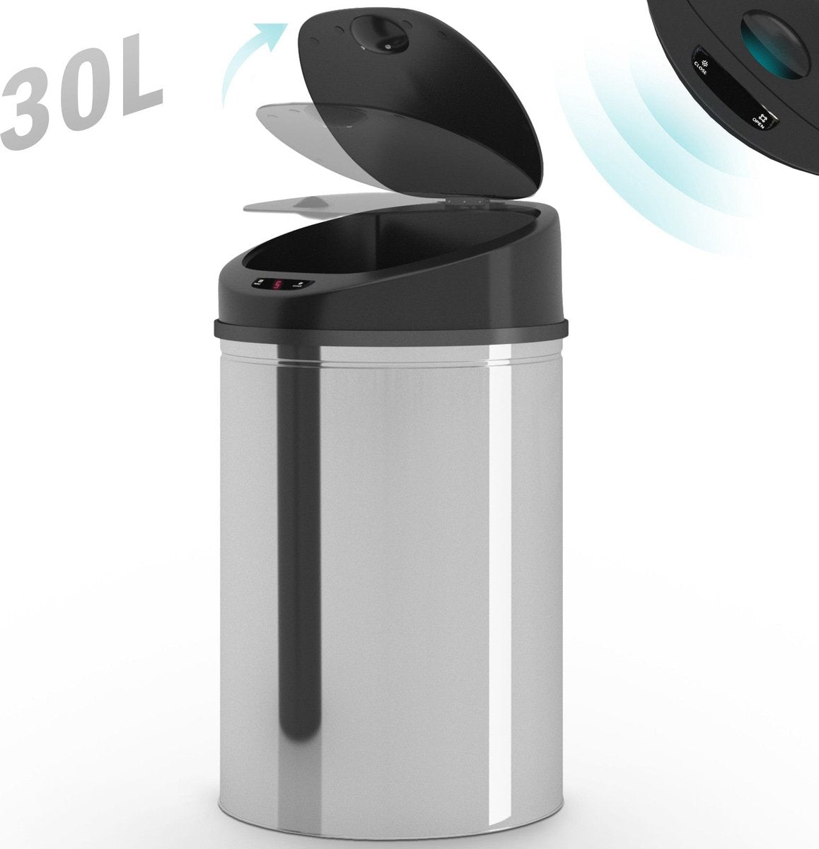 Vuilnisbak / Afvalbak met sensor - 30L - RVS - waterproof - rond met klemring - Zilver