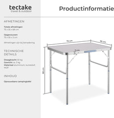 tectake® - Campingtafel opvouwbaar - Draagbare kampeertafel - Vouwtafel buiten - Inklapbare tafel - Weerbestendig - 75x55x68cm - Grijs