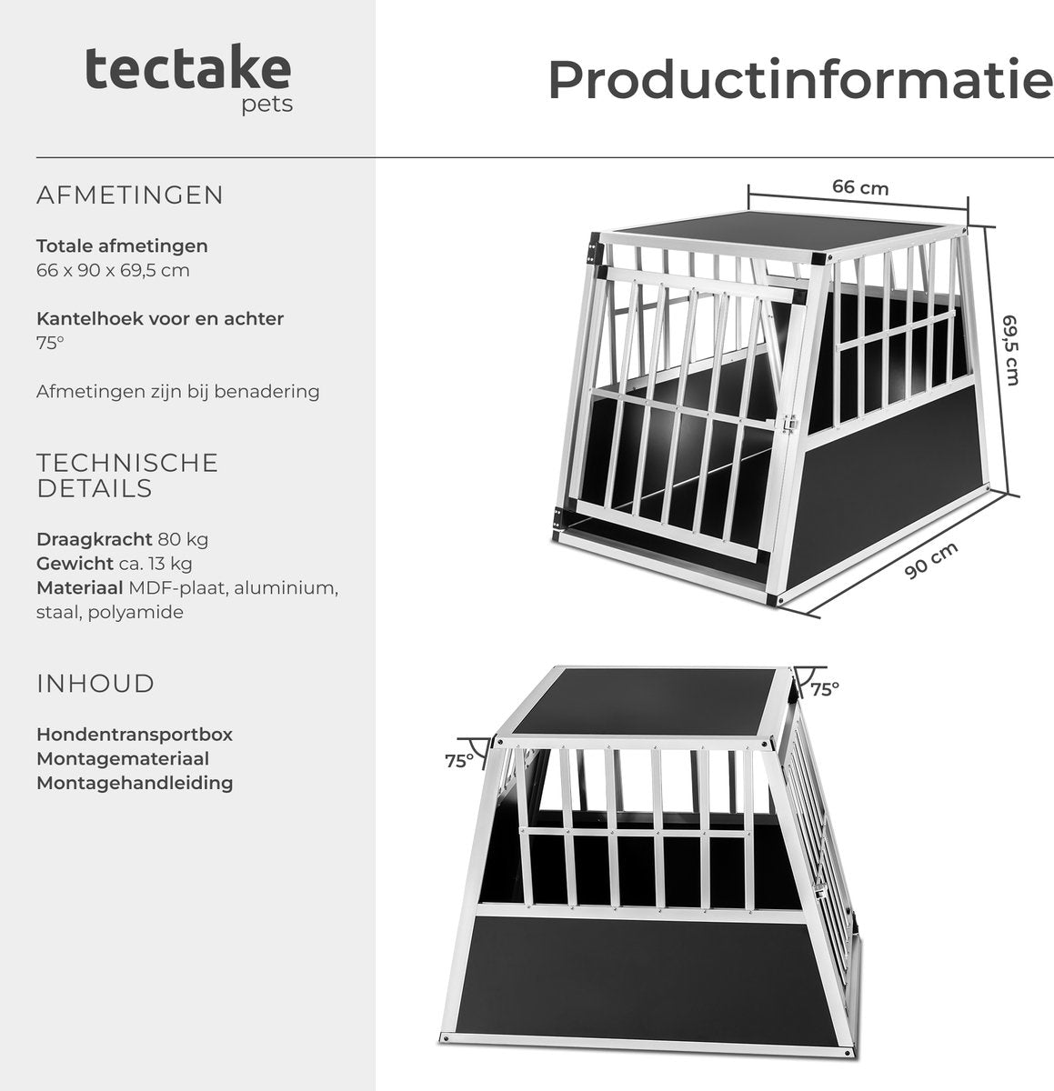 tectake® - Autobench hondenbench - Hondentransportbench - div afmetingen double of single (Single, 66 x 90 x 69,5 cm)