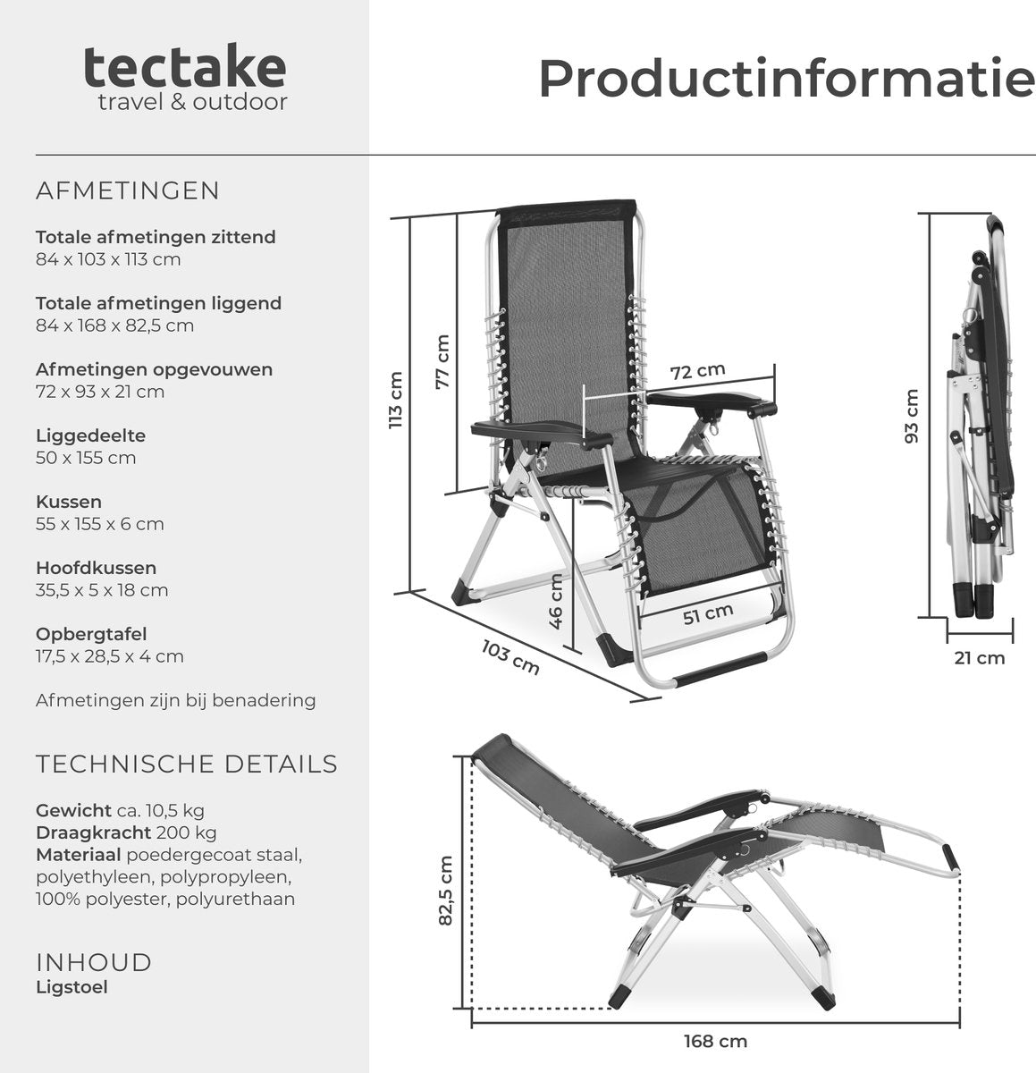 Tuinstoel - Ligstoel - Verstelbaar - Opvouwbaar - Zwart - Tectake®