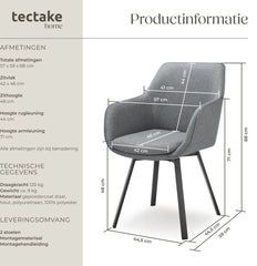 Eetkamerstoelen - Set van 2 - Met armleuning - Draaibaar - Antraciet - Tectake®