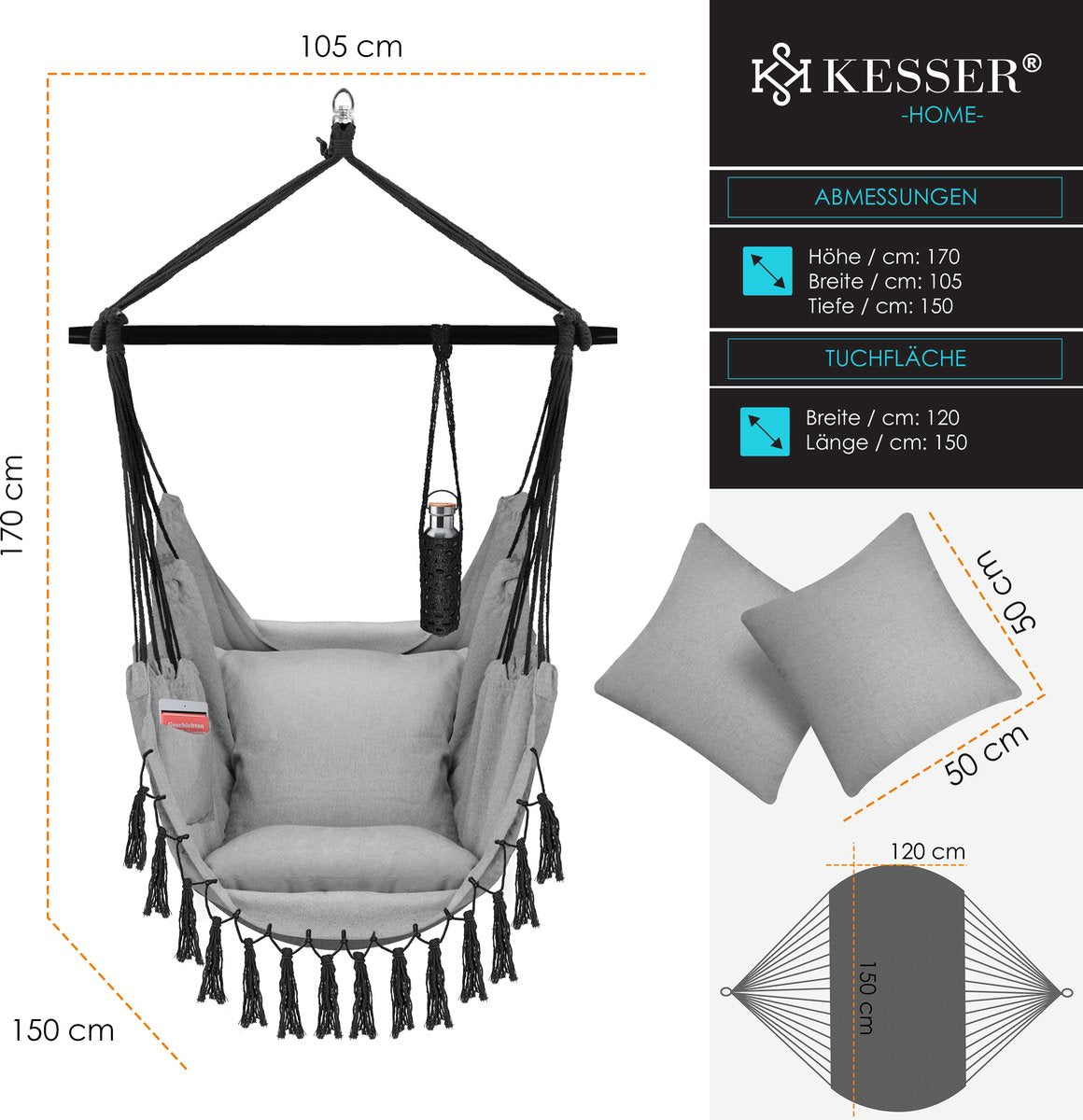 KESSER® XXL Hangstoel - 2 Kussens - Tot 150 kg - Grijs