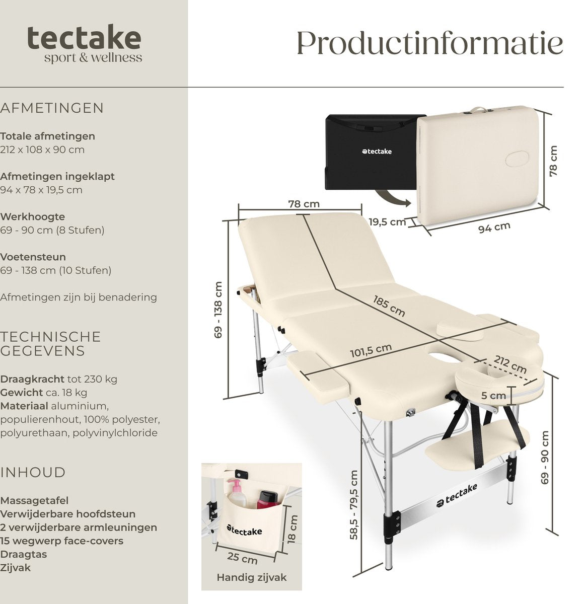 tectake® 3-Zones Massagetafel – 78cm Breed – Behandelbank met 5cm Dikke Vulling en Aluminium Frame – Inclusief 15 Hoofdsteundoekjes en Draagtas – Max Draagvermogen 230kg – Beige