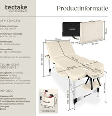 tectake® 3-Zones Massagetafel – 78cm Breed – Behandelbank met 5cm Dikke Vulling en Aluminium Frame – Inclusief 15 Hoofdsteundoekjes en Draagtas – Max Draagvermogen 230kg – Beige