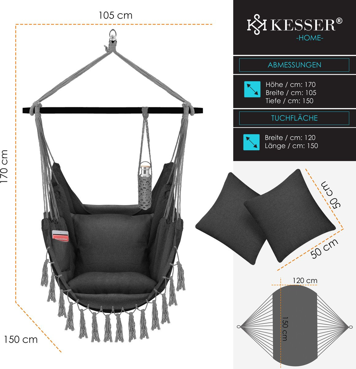 KESSER® XXL Hangstoel - 2 Kussens - Tot 150 kg - Antraciet •