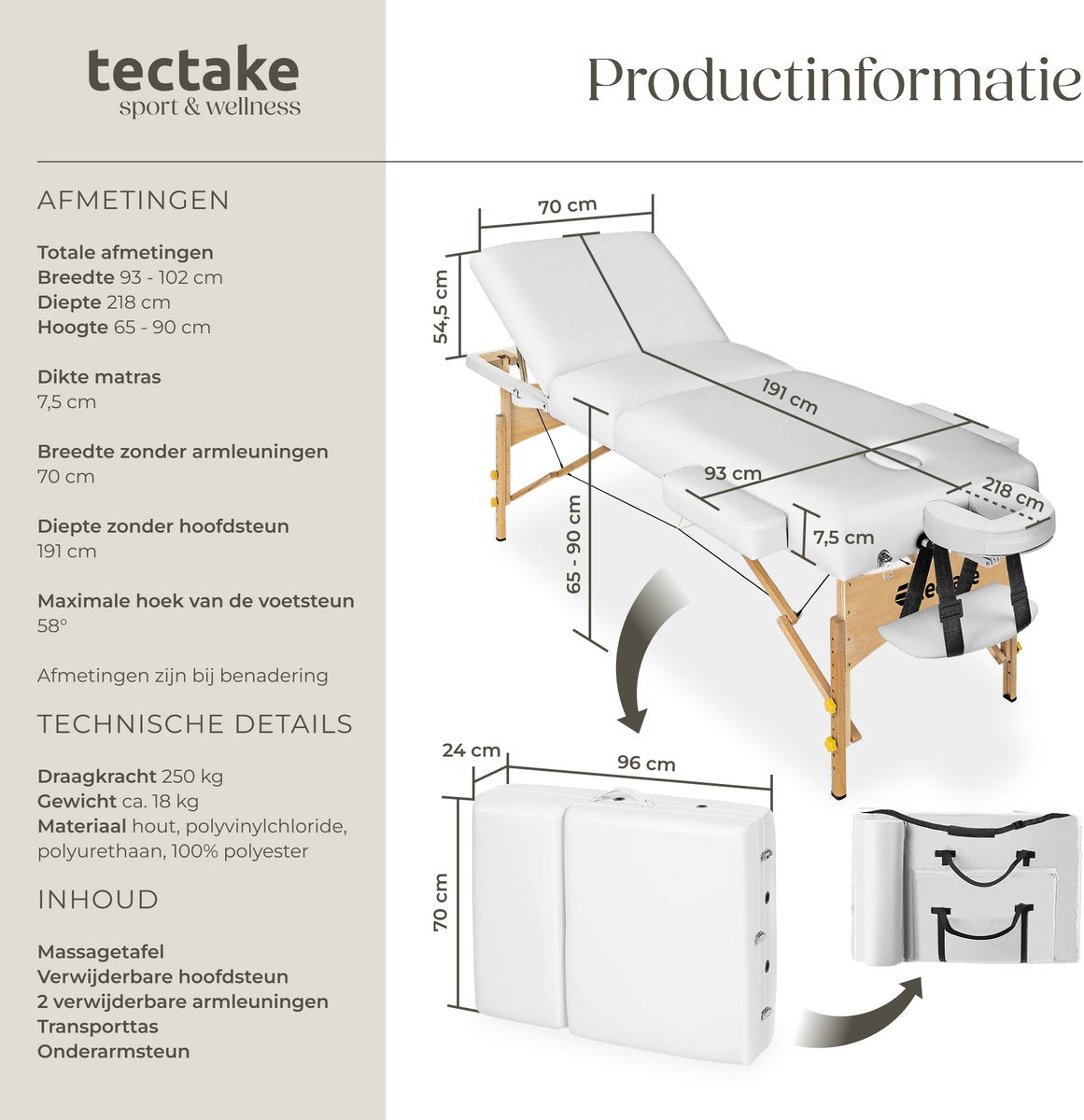 tectake® 3-zone massagetafel - Draagvermogen 250 kg - Mobiele massagebank - Houten frame - Behandeltafel - Inclusief draagtas, hoofdsteun en armleuning - Dikte matras 7,5 cm - In hoogte verstelbaar - Afmeting (LxBxH) 218x102x65 - 90 cm - Wit
