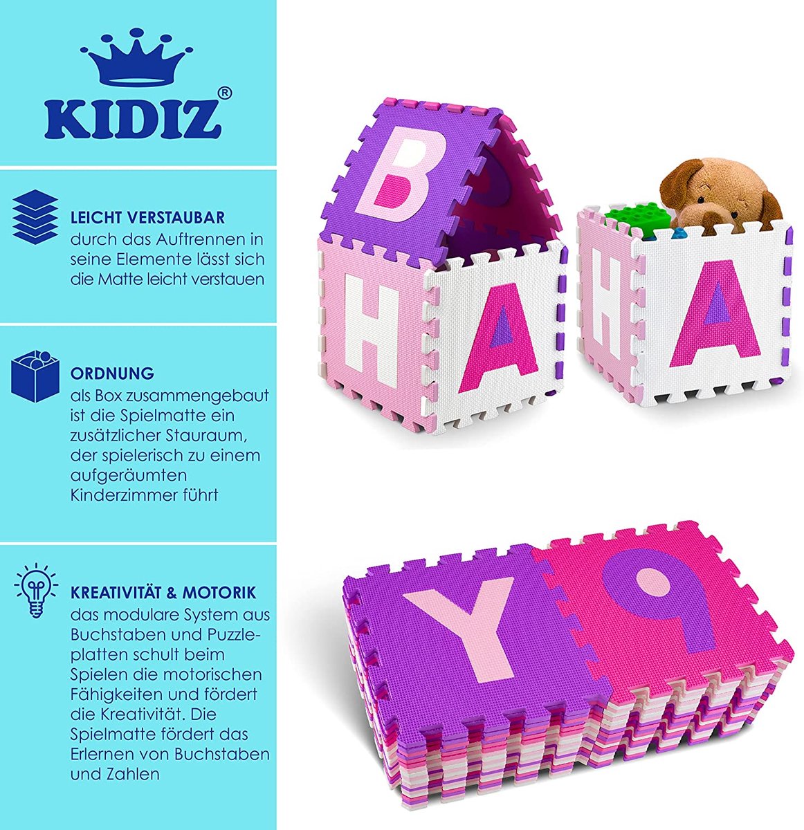 KIDIZ® 86-Delige Puzzelmat Speeltapijt Schuimmat Kindertapijt, Puzzel Cijfers en Letters Beschermende Mat - Roze
