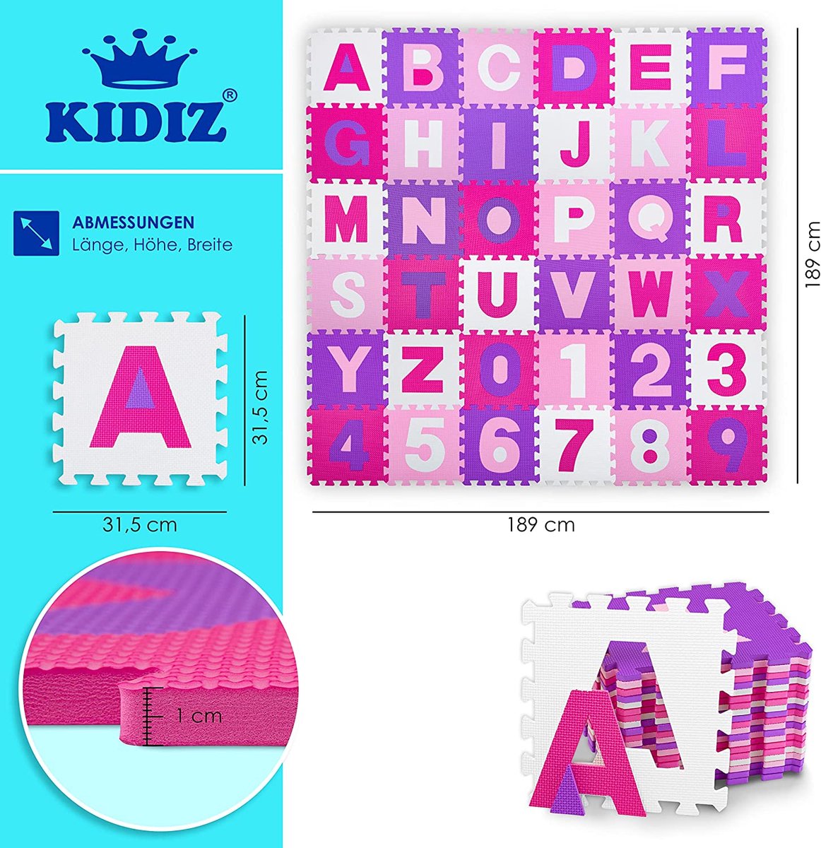KIDIZ® 86-Delige Puzzelmat Speeltapijt Schuimmat Kindertapijt, Puzzel Cijfers en Letters Beschermende Mat - Roze