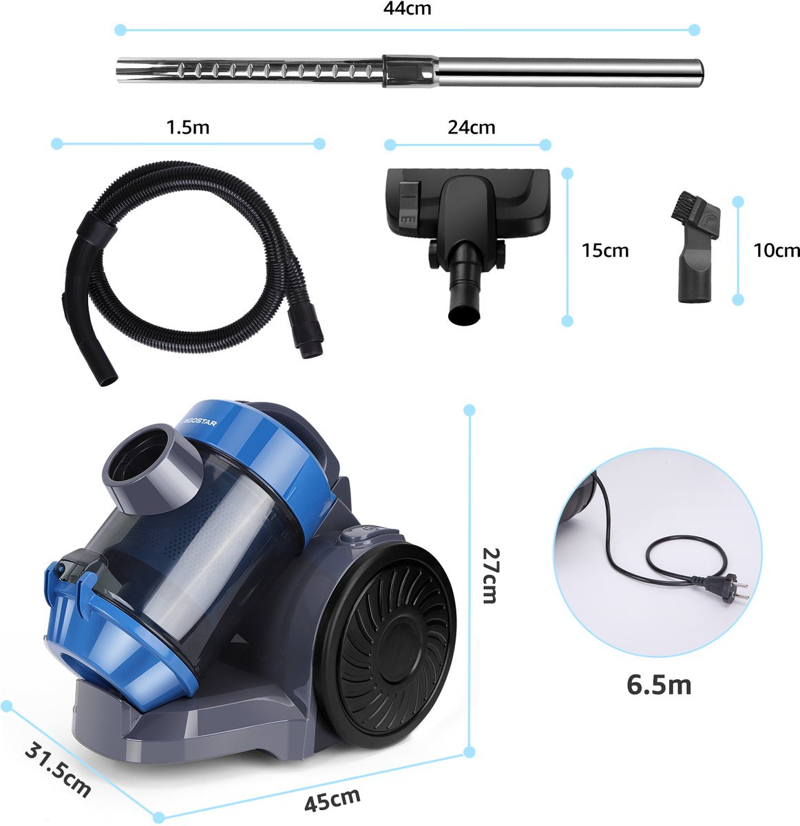 Aigostar Stofzuiger zonder zak - 17KPa - 800W - Blauw
