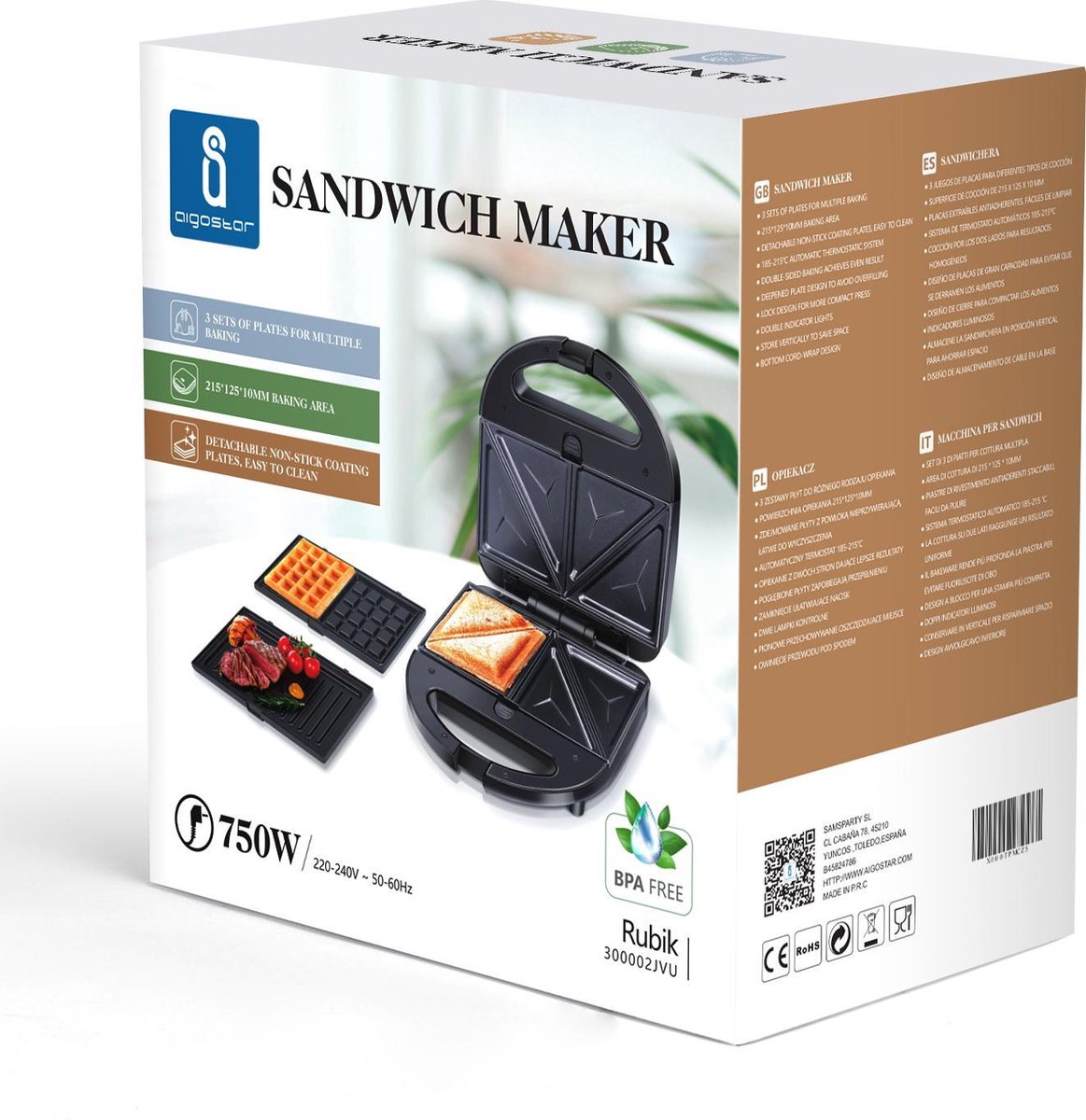 Tosti apparaat - Tosti ijzer - Contactgrill - Wafelijzer - 750W - Zwart - Aigostar