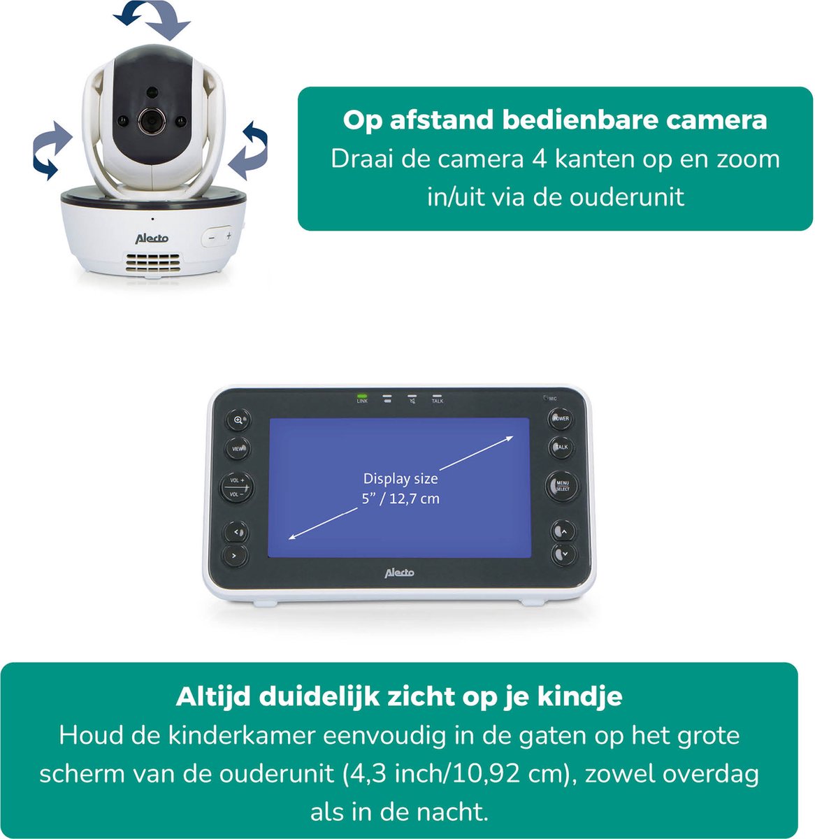 Alecto DVM200XL - Babyfoon met Camera - Groot scherm - Op afstand Beweegbaar - Wit