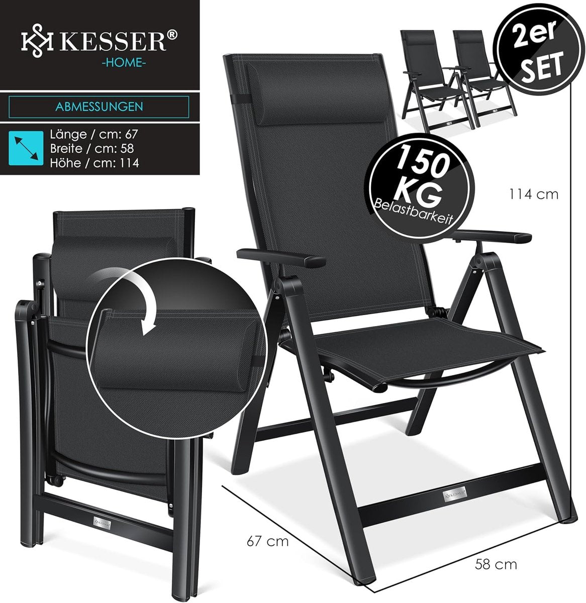 KESSER® Tuinstoel Opklapbaar - Set van 2 - Antislip - Zwart