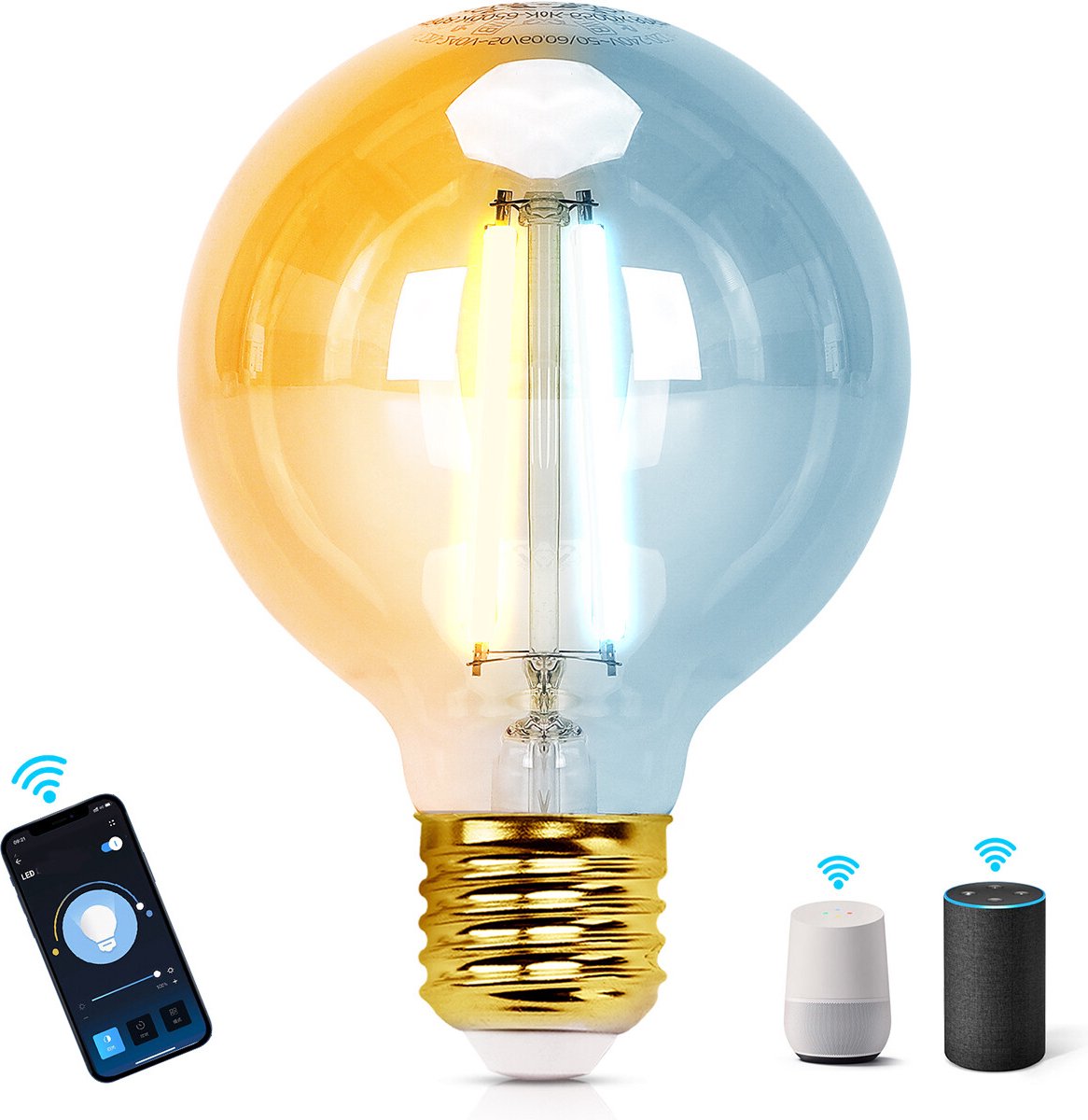 Aigostar 10YHY - LED Lampen E27 Dimbaar - Smart Filament Licht - Vintage Filament Lamp in Bolvorm - WiFi - Bluetooth - Appbesturing - 6W - 2700K-6500K