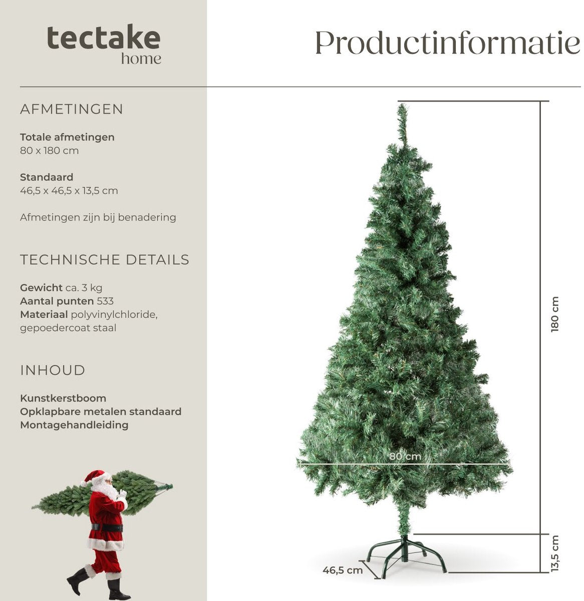 tectake® Kunstkerstboom - Levensecht met flexibele takken - Volumineus - Stabiel en eenvoudig te monteren - Kunstkerstboom als kerstversiering - 180cm - 533 takken - Groen