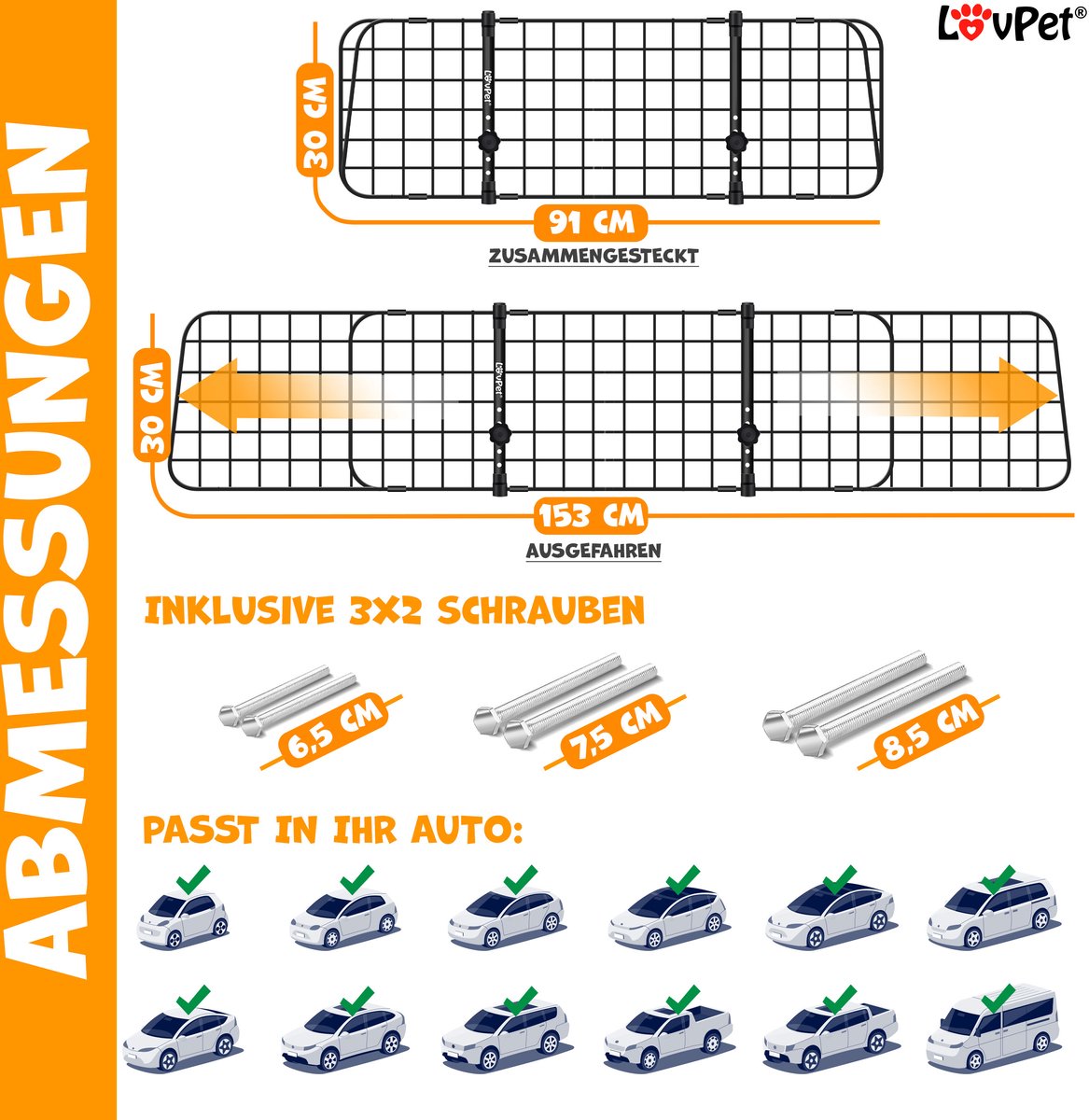 LovPet® Hondenrek Auto - Universeel - Bagagerek 30x91-153cm - Zwart