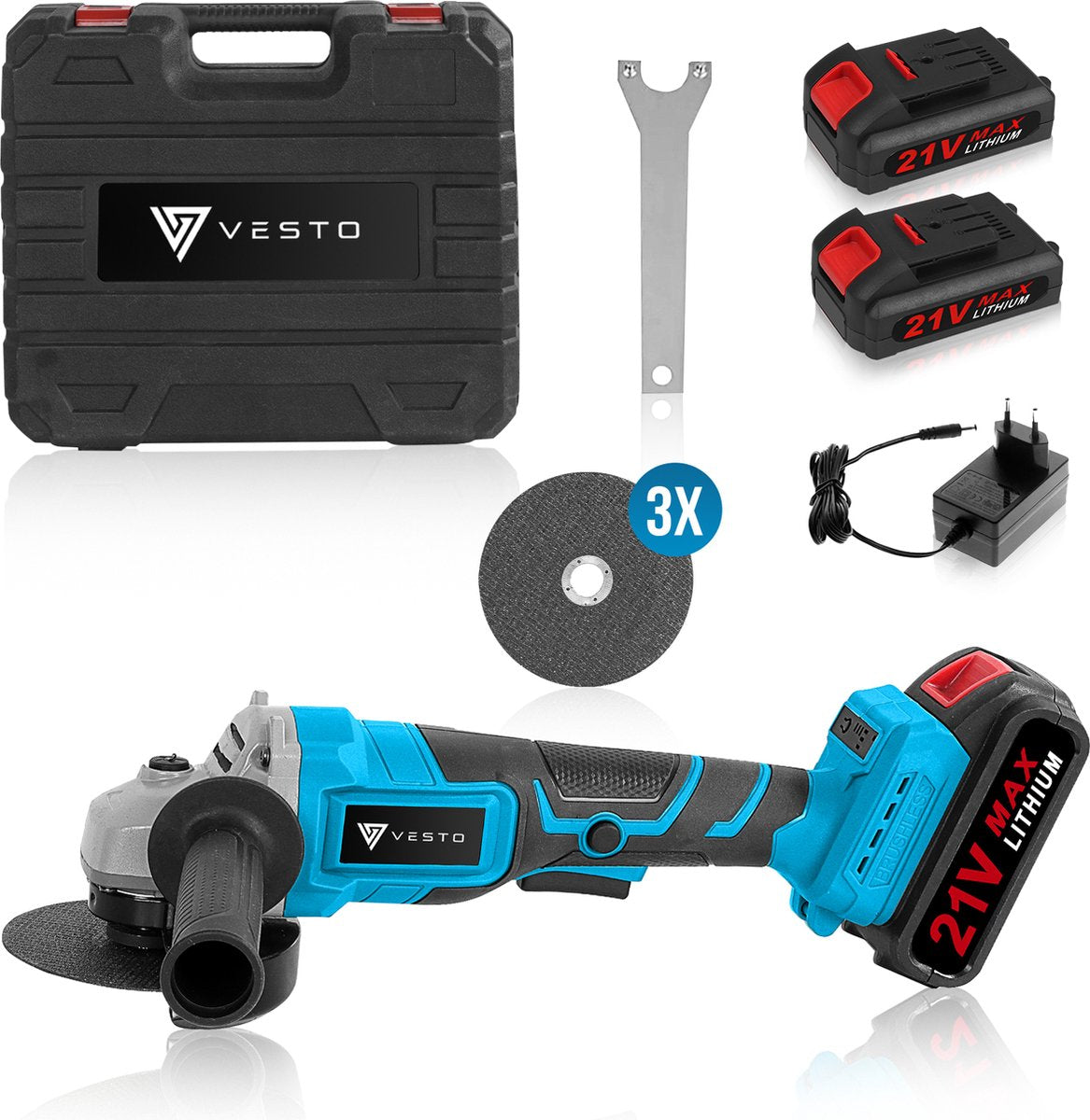 Vesto® Haakse Slijper - Draadloze Slijptol - Elektrische Slijpmachine - Incl. 3x Slijpschijf & 2x Accu - Ø125MM