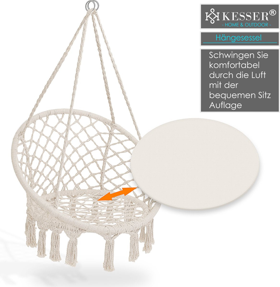 KESSER® Hangstoel voor Binnen en Buiten tot 150 kg met Kussen - Beige