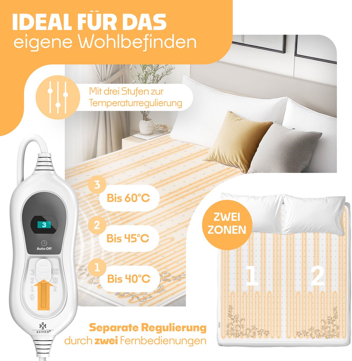 KESSER® Elektrische Onderdeken Warmtedeken met automatisch uitschakelende afstandsbediening | warmte deken met 3 temperatuurstanden | voor matrasverwarming | van zacht fleece - Wit met motief (160 cm x 140 cm)