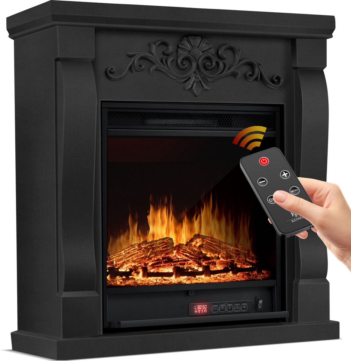 KESSER® Sfeerhaard Elektrisch Haard 1800W met LED Vlammen Dimbaar - Electrische Kachel met Timer & Afstandsbediening - Elektrische Verwarming met Thermostaat - Villa Zwart
