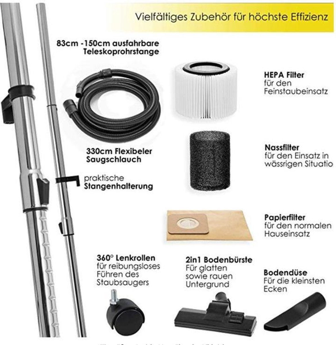 MASKO® Industriële stofzuiger 2300W - Droog- & Natzuigen - Geel