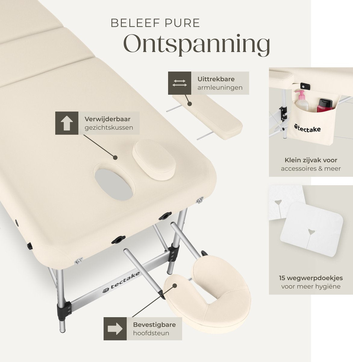 tectake® 3-Zones Massagetafel – 78cm Breed – Behandelbank met 5cm Dikke Vulling en Aluminium Frame – Inclusief 15 Hoofdsteundoekjes en Draagtas – Max Draagvermogen 230kg – Beige