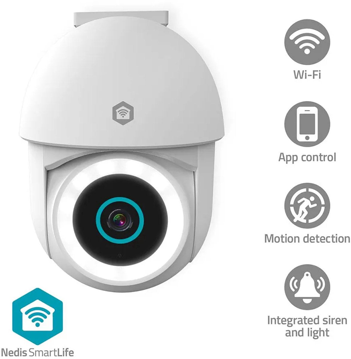 Nedis SmartLife Buitencamera – 3MP – WiFi – Spotlight – Pan & Tilt – IP65 – Wit •
