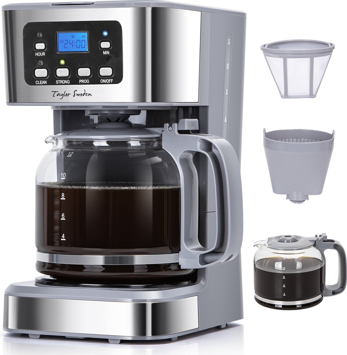 Taylor Swoden Pewter - Koffiezetapparaat - Filterkoffie - 1.5L/ 12 Kopjes - met Glazen Kan - Instelbare Koffie Sterkte - 950W - RVS