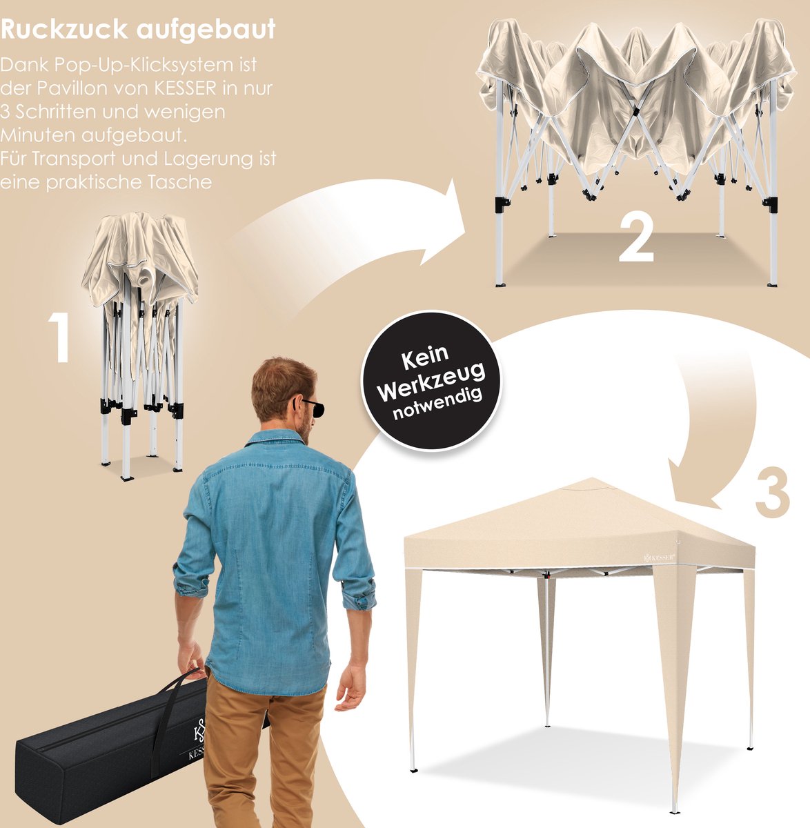 Partytent - opvouwbaar - 3x3 - Paviljoen - Beige - KESSER®