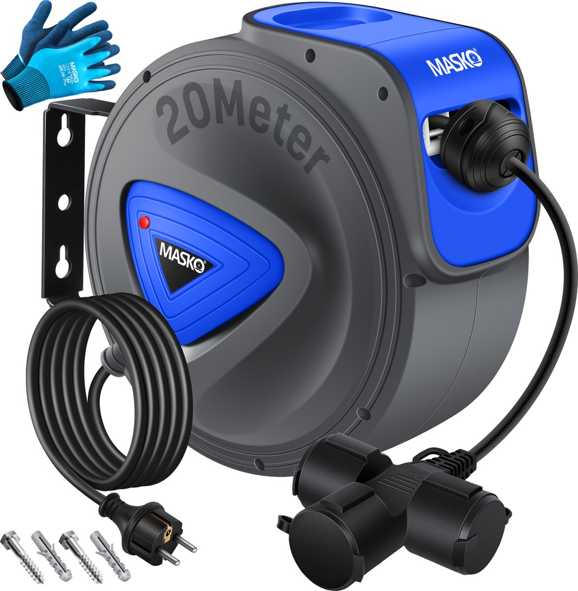 MASKO® Kabelhaspel 20 meter automatisch voor buiten met 3 stopcontacten Wandmontage 1,5m Aansluitkabel Inclusief Handschoenen - Blauw