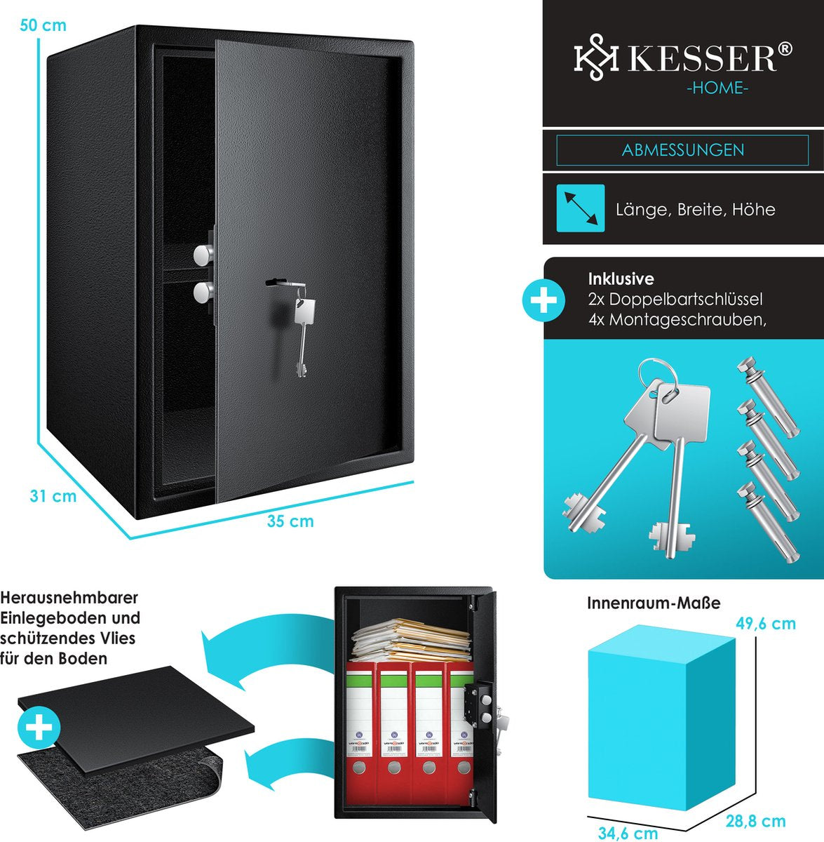 KESSER® Kluis met sleutelslot - 50x35x31cm - Zwart •