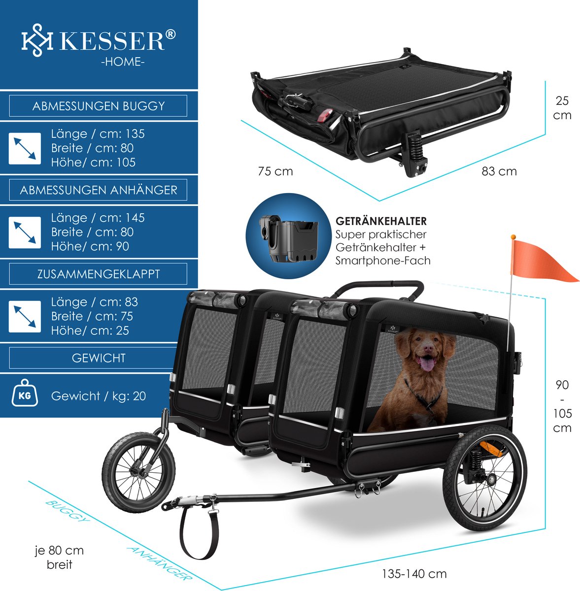 KESSER® Hondenfietskar tot 40 kg 3in1 Hondenbuggy - Fietskar Hond Jogger - Zwart