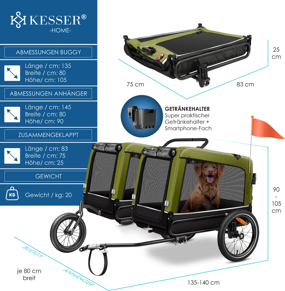 KESSER® Hondenfietskar tot 40 kg 3in1 Hondenbuggy - Fietskar Hond Jogger - Khaki