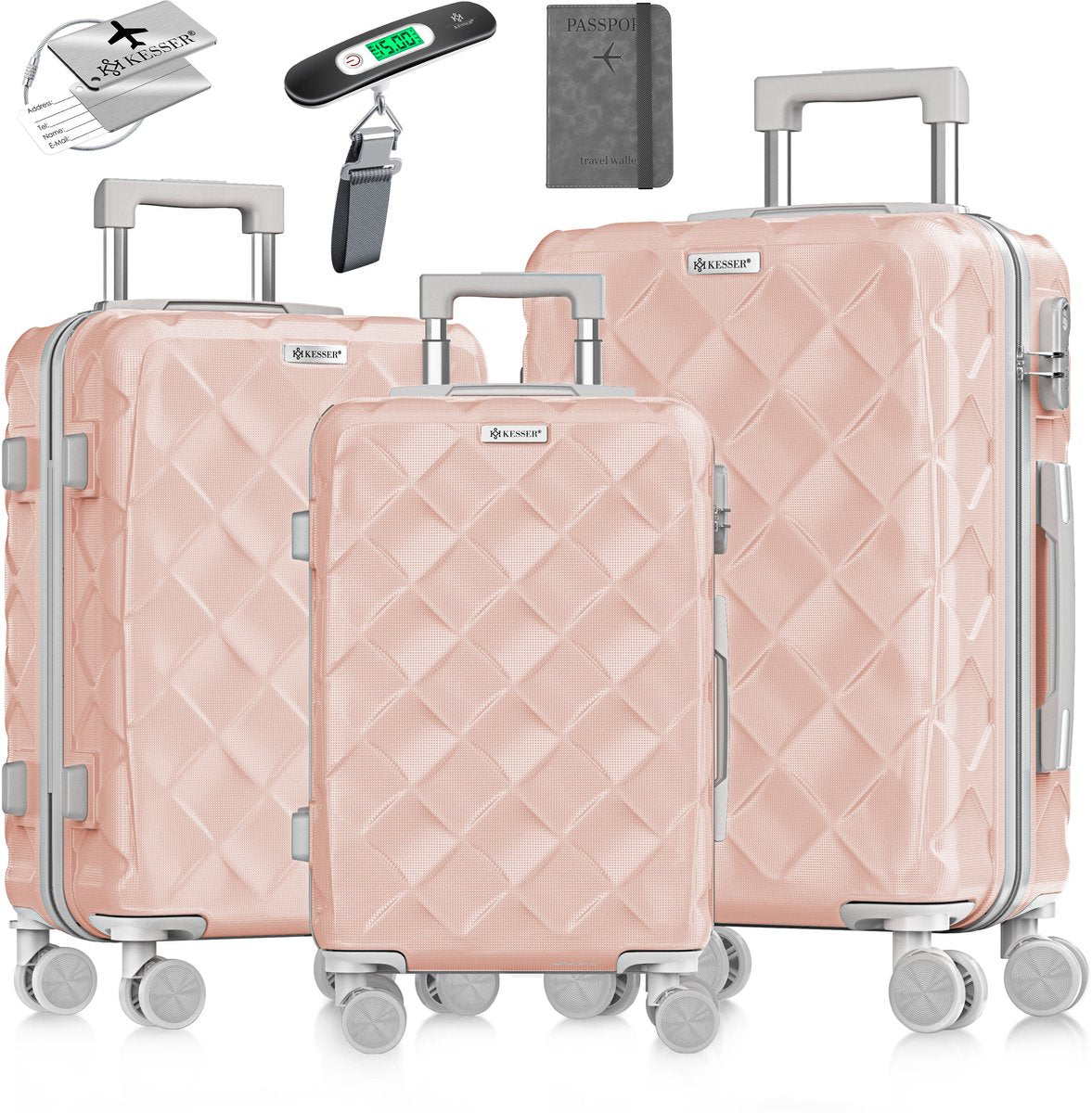 KESSER® Kofferset 3-delig | Reiskoffer met Wielen inclusief Paspoorthouder & kofferweegschaal & bagagelabel | Trolley Reiskofferset met groote Koffers & Handbagage / Ruimbagage - Nude Grey