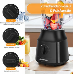 Aigostar Blender - Glazen Kan - Smoothie Maker - 1,5L - 600W - Zwart
