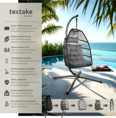 tectake® - Luxe hangstoel - Opvouwbare en draaibare egg chair met standaard - Dikke kussens - Antislipvoeten - Inclusief beschermhoes - Ideaal voor buiten, tuin, terras en slaapkamer - Donkergrijs