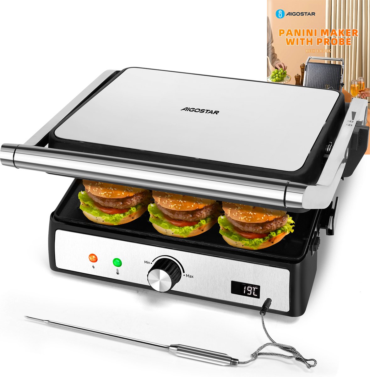 Aigostar Contactgrill - Panini Grill - Antiaanbaklaag - 2000W - Grijs
