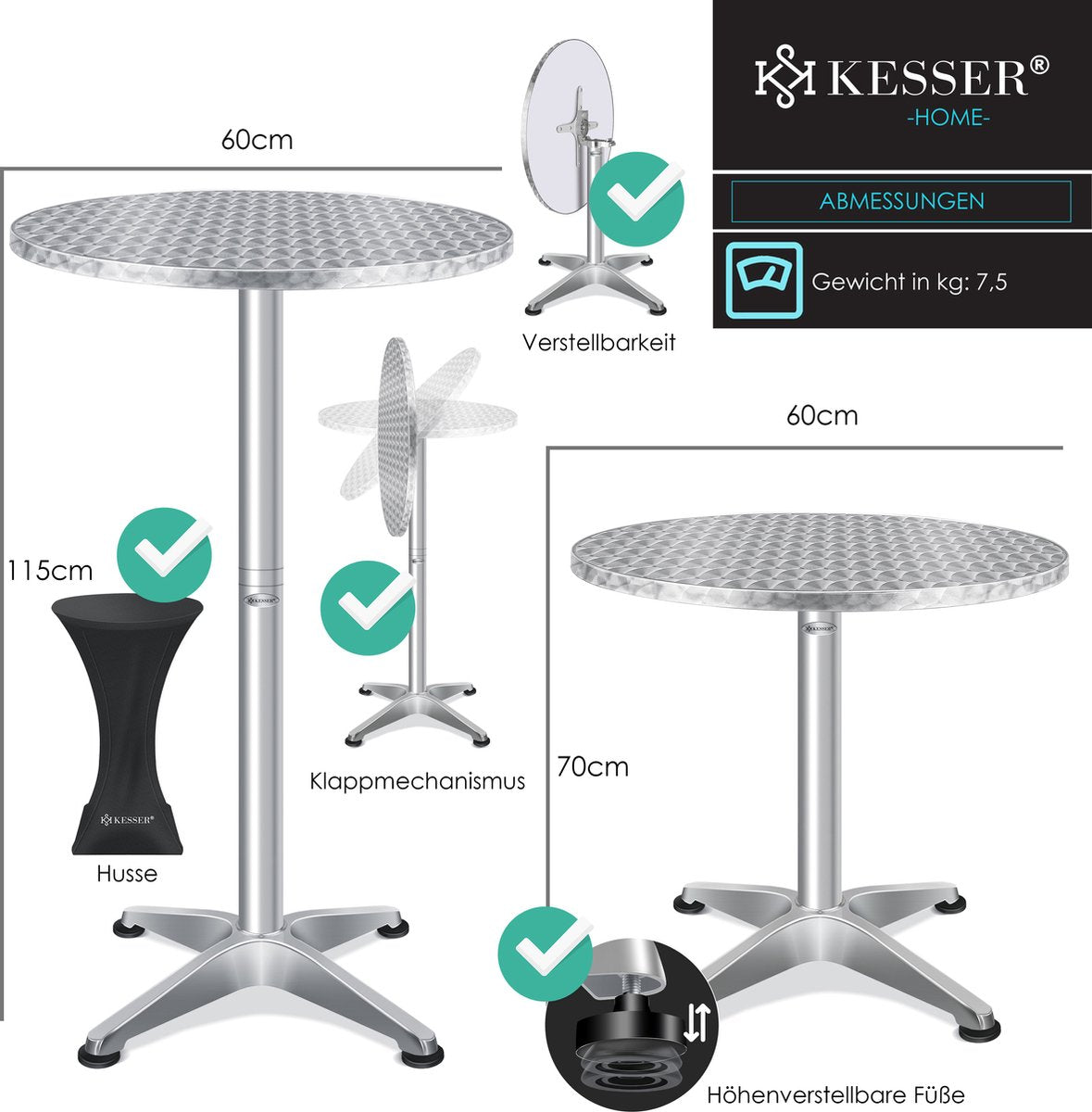 KESSER® Bartafel - Bistrotafel - Verstelbaar - 70-110cm - Zilver •