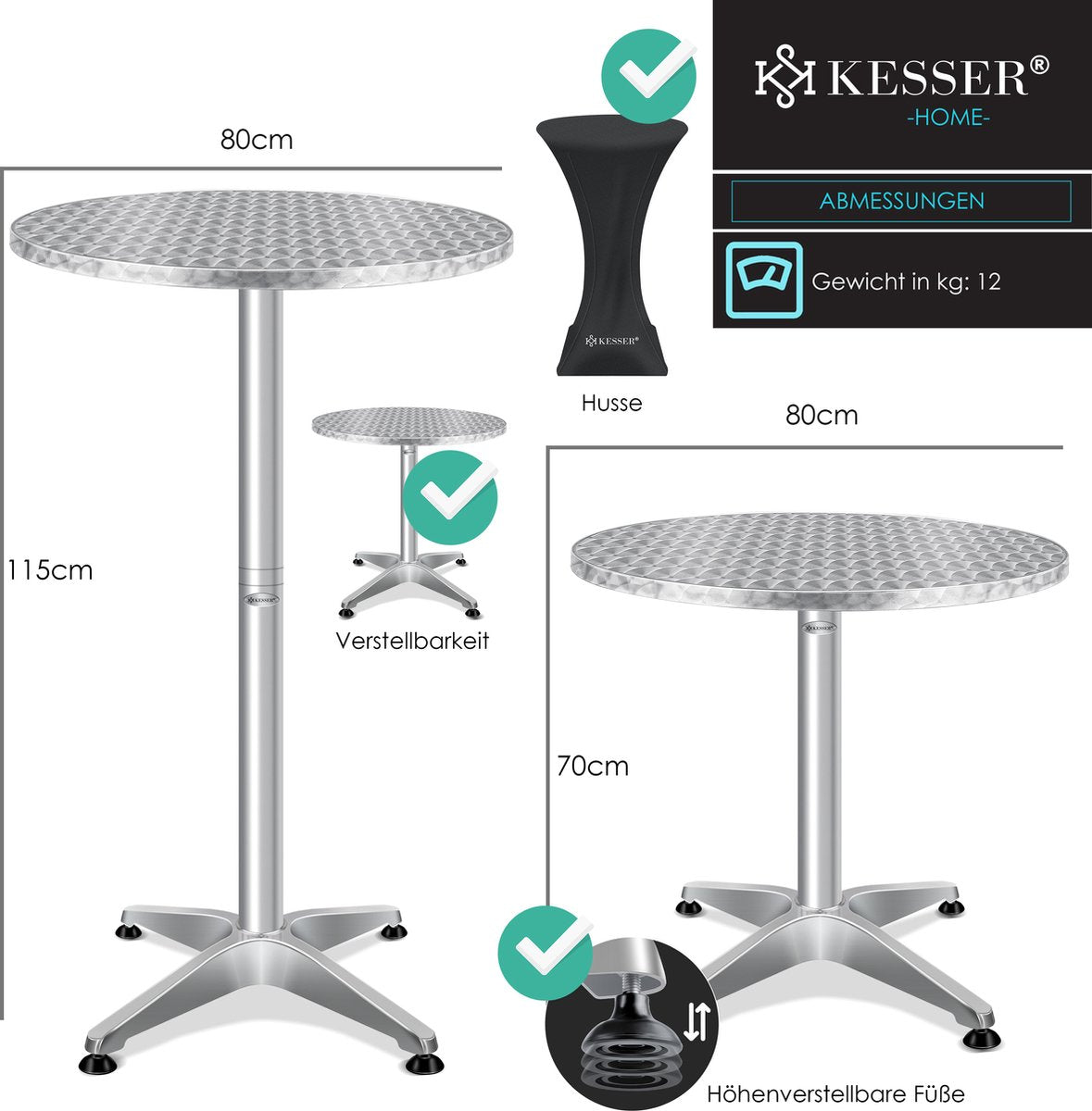 KESSER® bartafel bistrotafel 2in1 aluminium roestvrij stalen blad | in hoogte verstelbaar | 70cm / 115cm | partytafel tafel Ø 80cm | binnen & buiten | bruiloft | receptietafel | 4 poten - Zilver