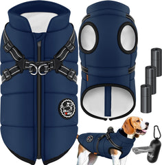 LOVPET® Hondenjas Hondenvacht met Harnas Waterafstotend, incl. 45 Stuks Poepzak + Dispenser, Winter Vest Hond Waterdicht Gevoerd, Gewatteerd Vest Met Borstband, Reflectoren, D-Ring - Marineblauw / L