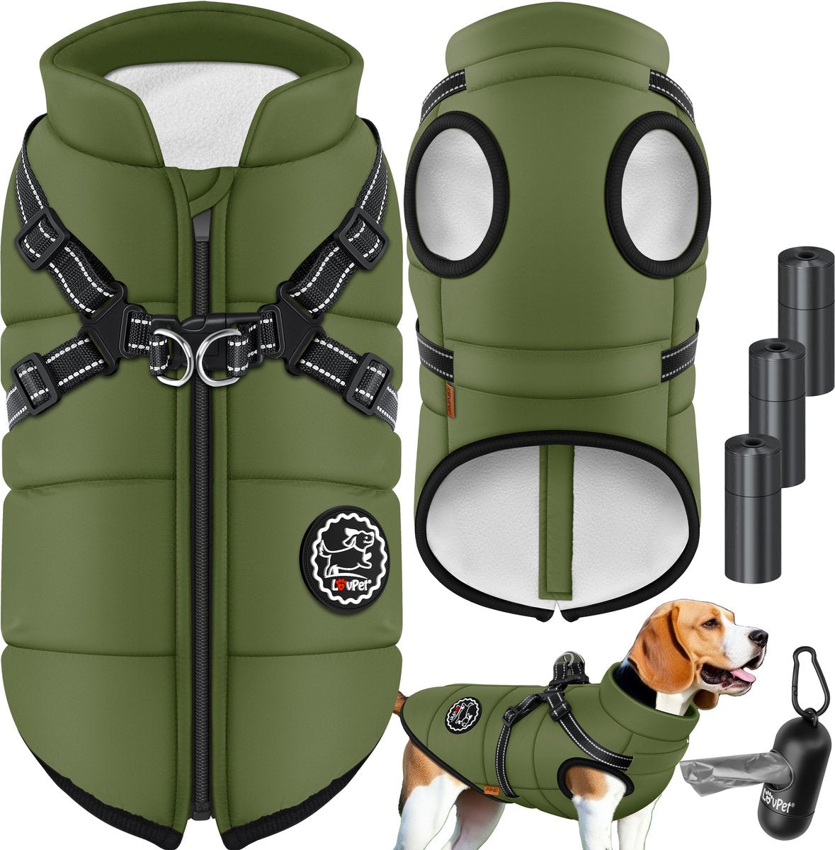 LOVPET® Hondenjas Hondenvacht met Harnas Waterafstotend, incl. 45 Stuks Poepzak + Dispenser, Winter Vest Hond Waterdicht Gevoerd, Gewatteerd Vest Met Borstband, Reflectoren, D-Ring - Khaki / 5XL