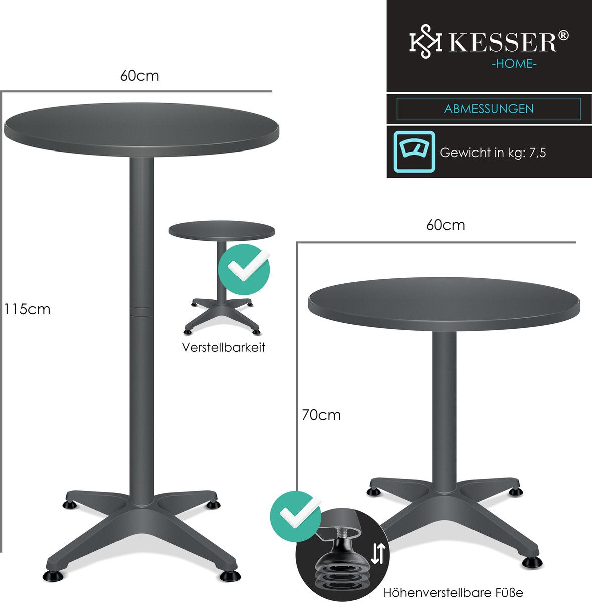 KESSER® Bartafel - Bistrotafel - Verstelbaar - 70-110cm - Antraciet